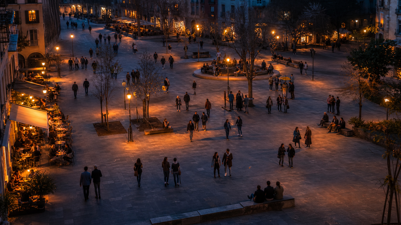 A public square gradually filling with people at dusk.