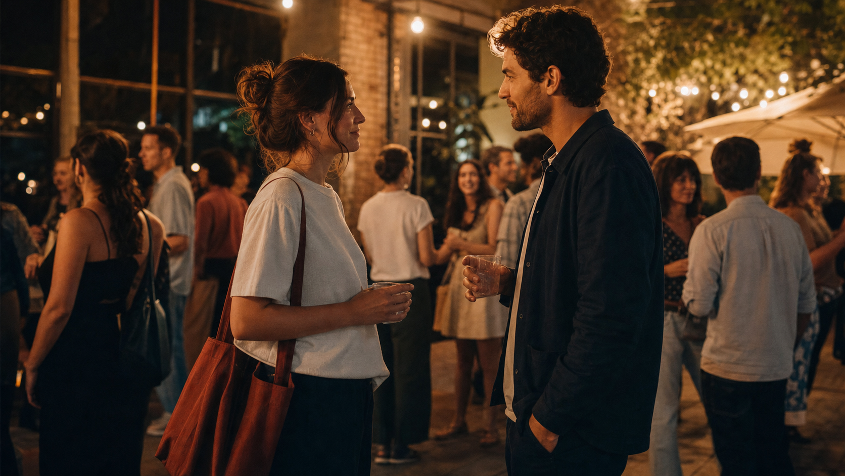 Two adults sharing a relaxed first hello in a lively public social space.