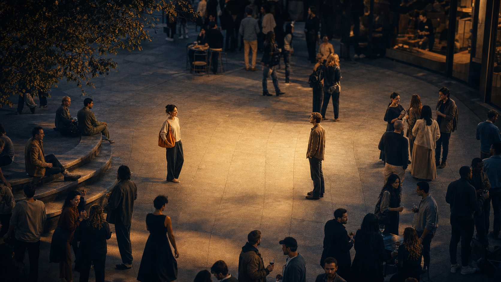 A lively public square where two people notice one another among the crowd.